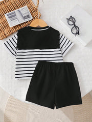 3pcs Unisex Sailor Collar Striped Tee & Shorts Set - Ivory | 21 Cen...