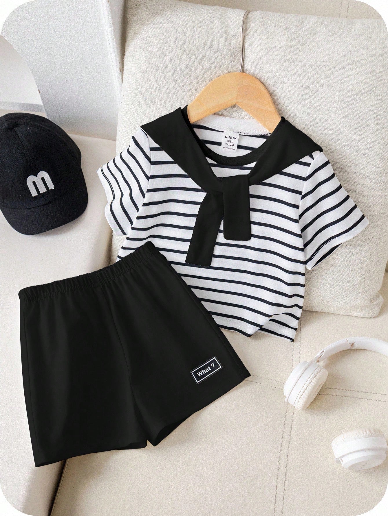 3pcs Unisex Sailor Collar Striped Tee & Shorts Set - Ivory | 21 Cen...