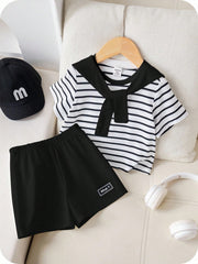 3pcs Unisex Sailor Collar Striped Tee & Shorts Set - Ivory | 21 Cen...
