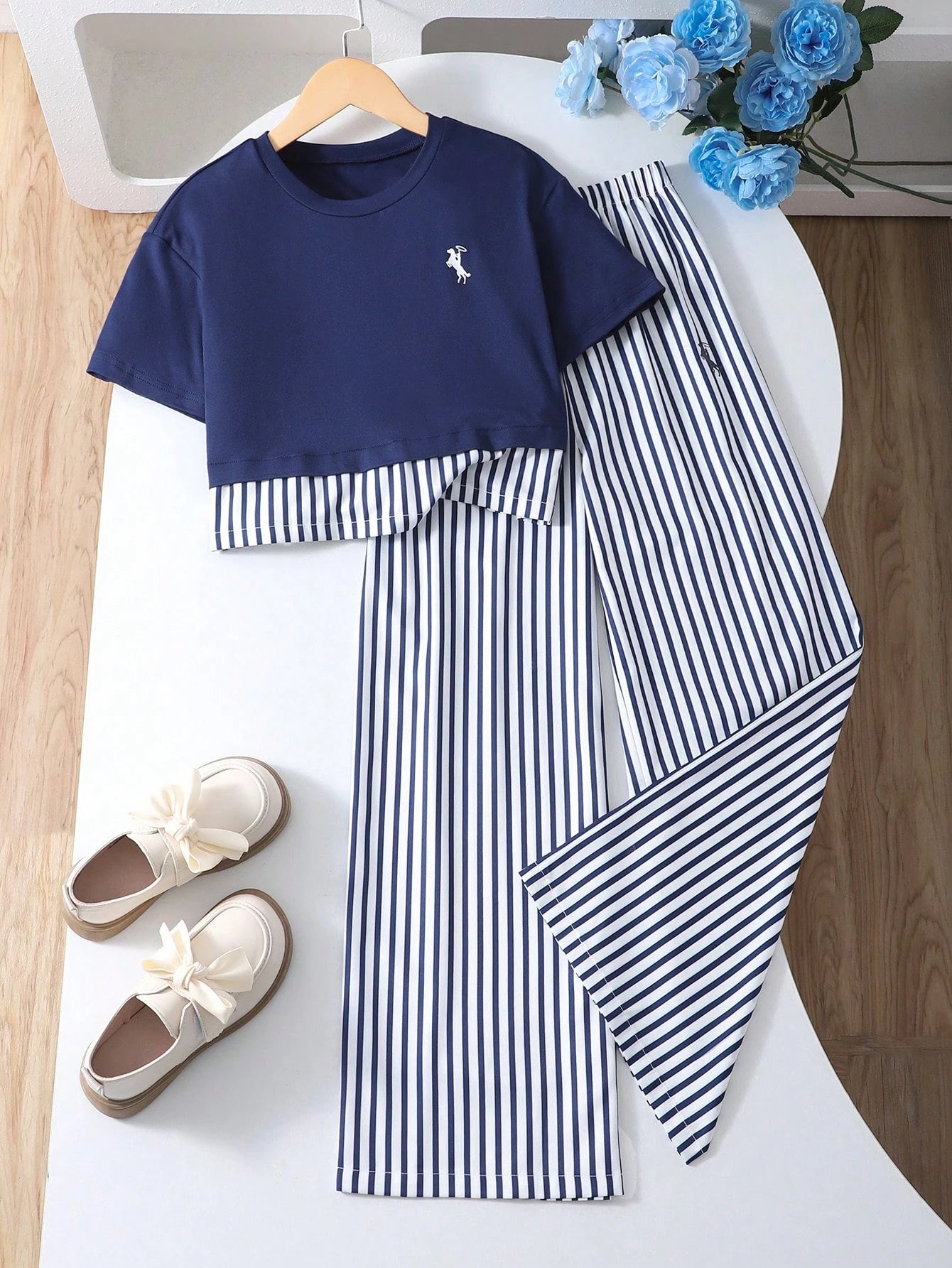 2pcs Big Girls Crop Tee & Striped Wide-Leg Pants Set - Midnight | 2...