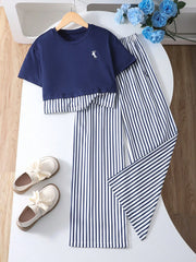 2pcs Big Girls Crop Tee & Striped Wide-Leg Pants Set - Midnight | 2...