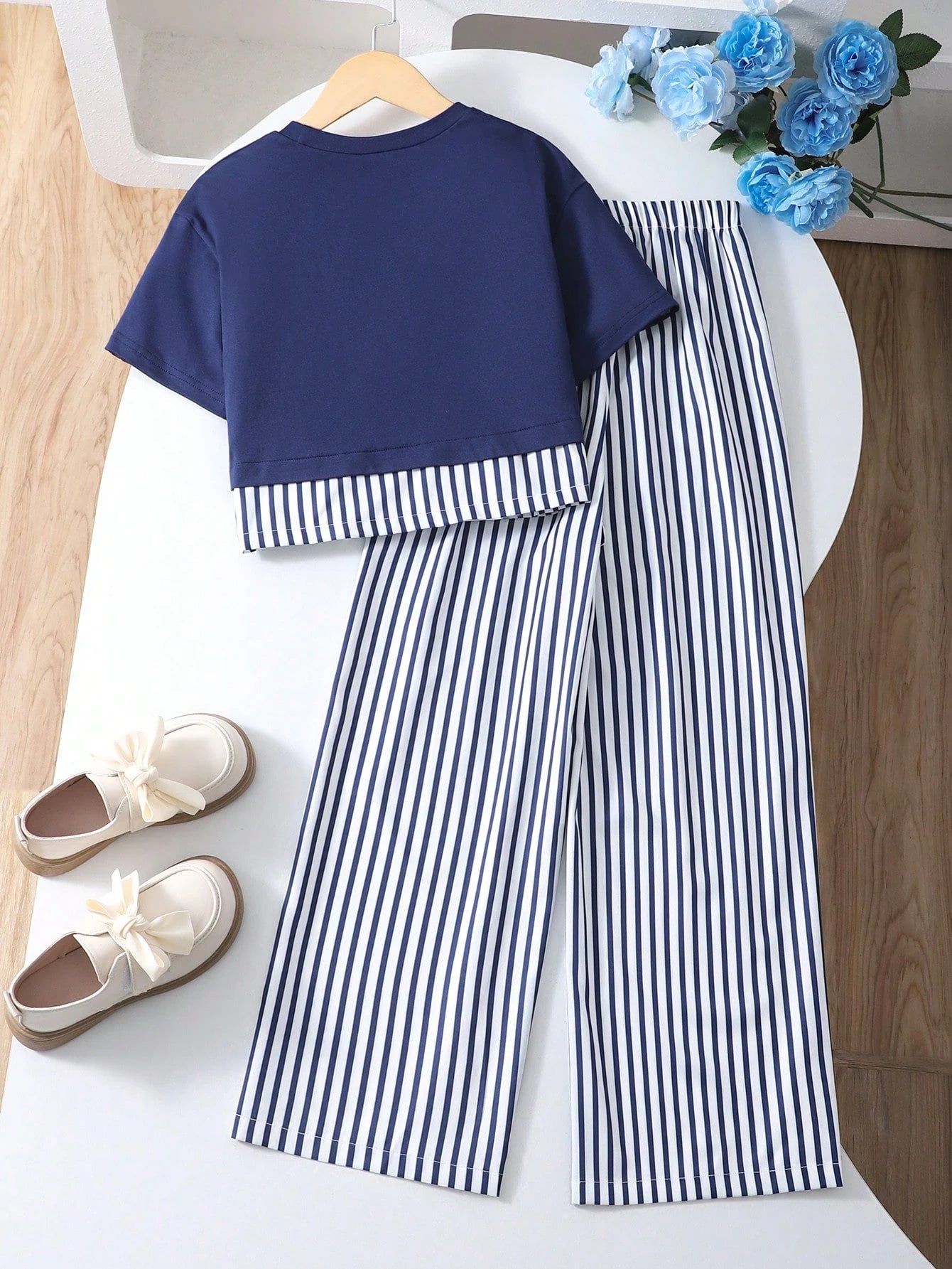 2pcs Big Girls Crop Tee & Striped Wide-Leg Pants Set - Midnight | 2...