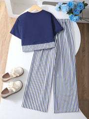 2pcs Big Girls Crop Tee & Striped Wide-Leg Pants Set - Midnight | 2...