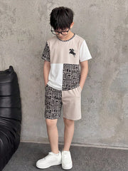 2pcs Big Boys Geometric Print T-Shirt & Shorts Set - Greige | 21 Ce...