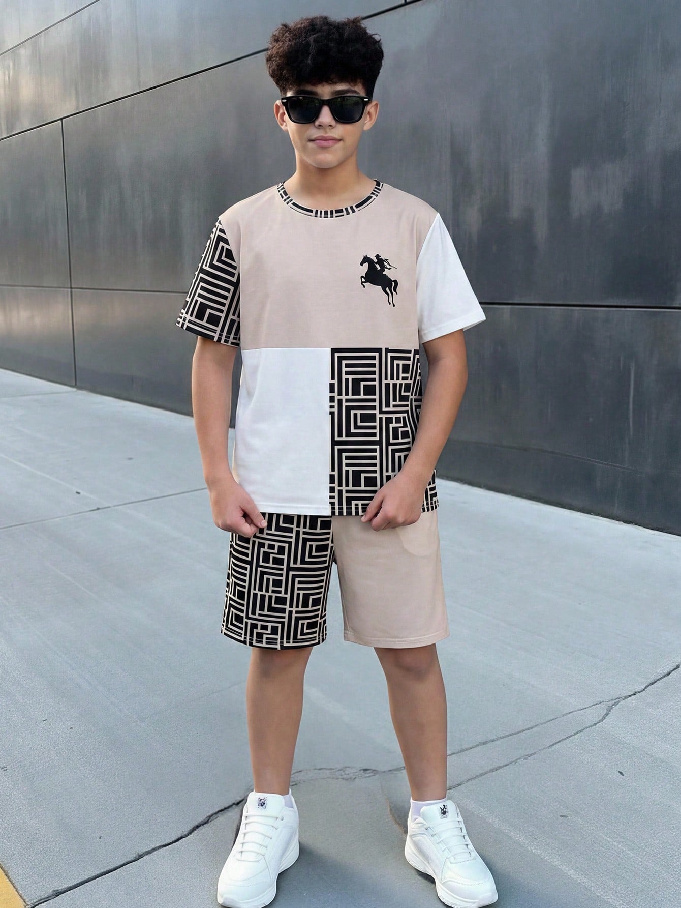 2pcs Big Boys Geometric Print T-Shirt & Shorts Set - Greige | 21 Ce...