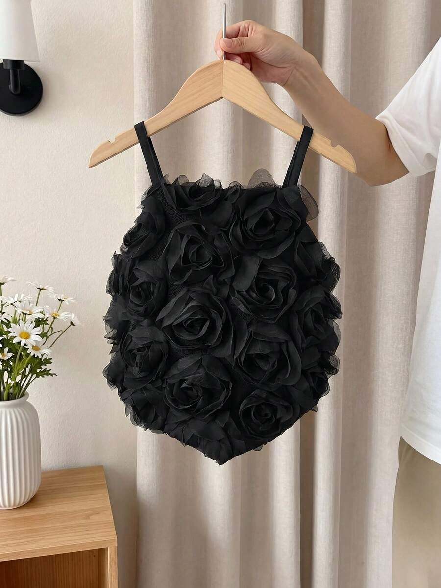 Baby Girls 3D Rose Appliqué Spaghetti Strap Cami - Onyx