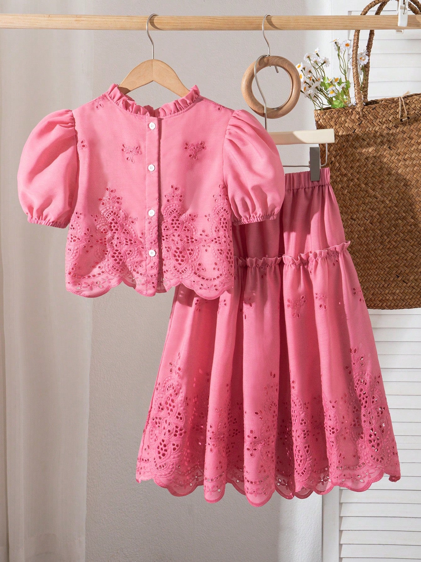 2pcs Big Girls Eyelet Embroidered Puff Sleeve Top & Midi Skirt Set ...