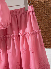 2pcs Big Girls Eyelet Embroidered Puff Sleeve Top & Midi Skirt Set ...