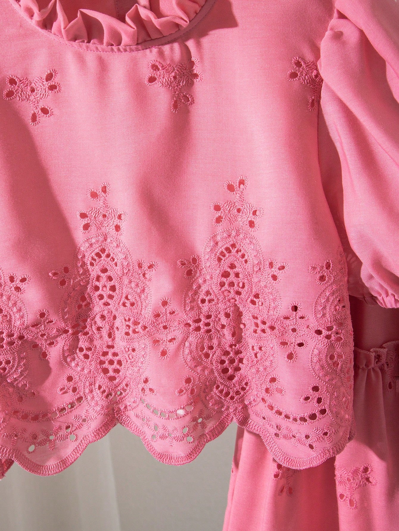 2pcs Big Girls Eyelet Embroidered Puff Sleeve Top & Midi Skirt Set ...
