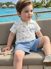 2pcs Boys Nautical Print Polo Shirt & Shorts Set - Ivory | 21 Centu...