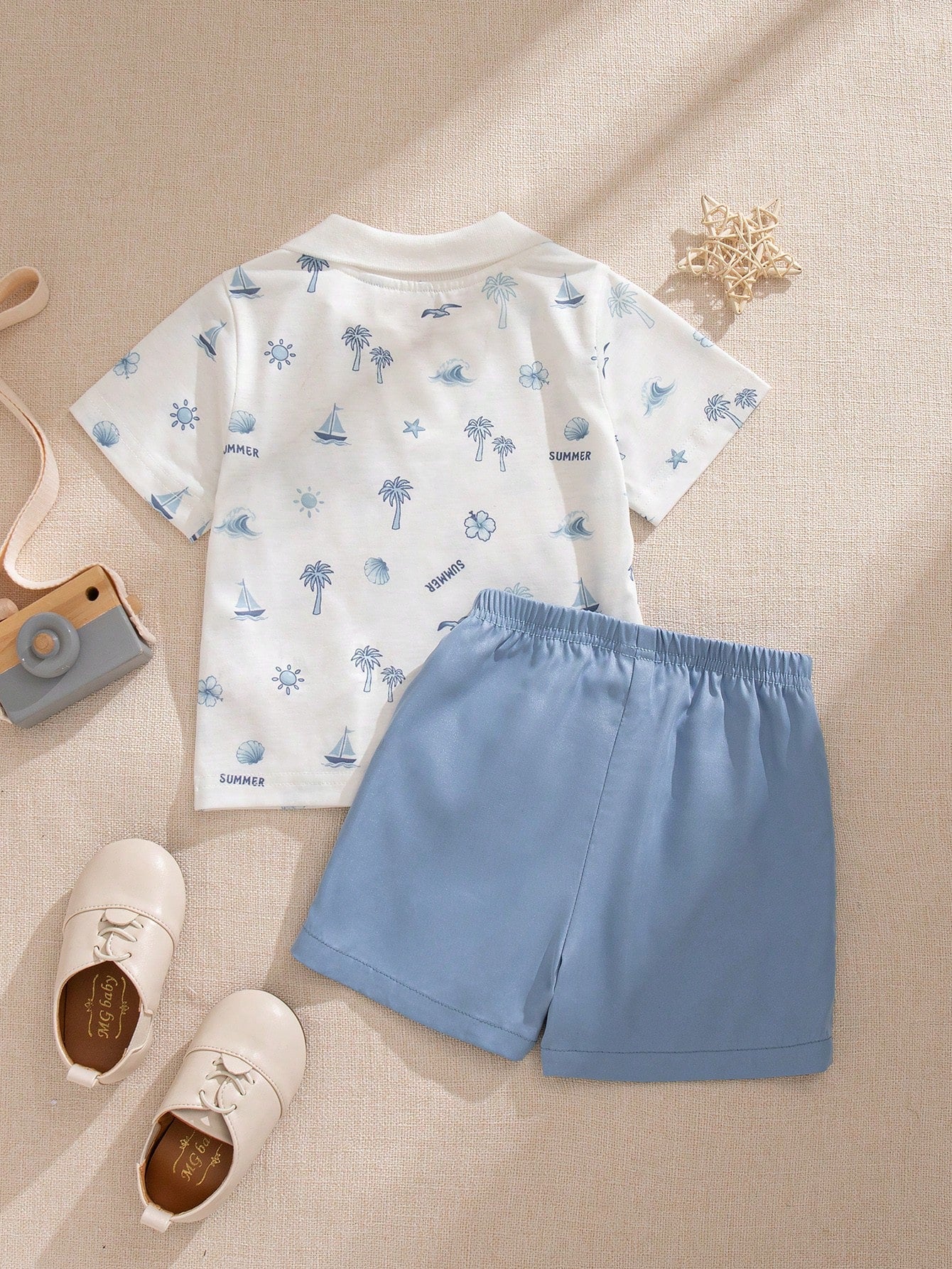 2pcs Boys Nautical Print Polo Shirt & Shorts Set - Ivory | 21 Centu...