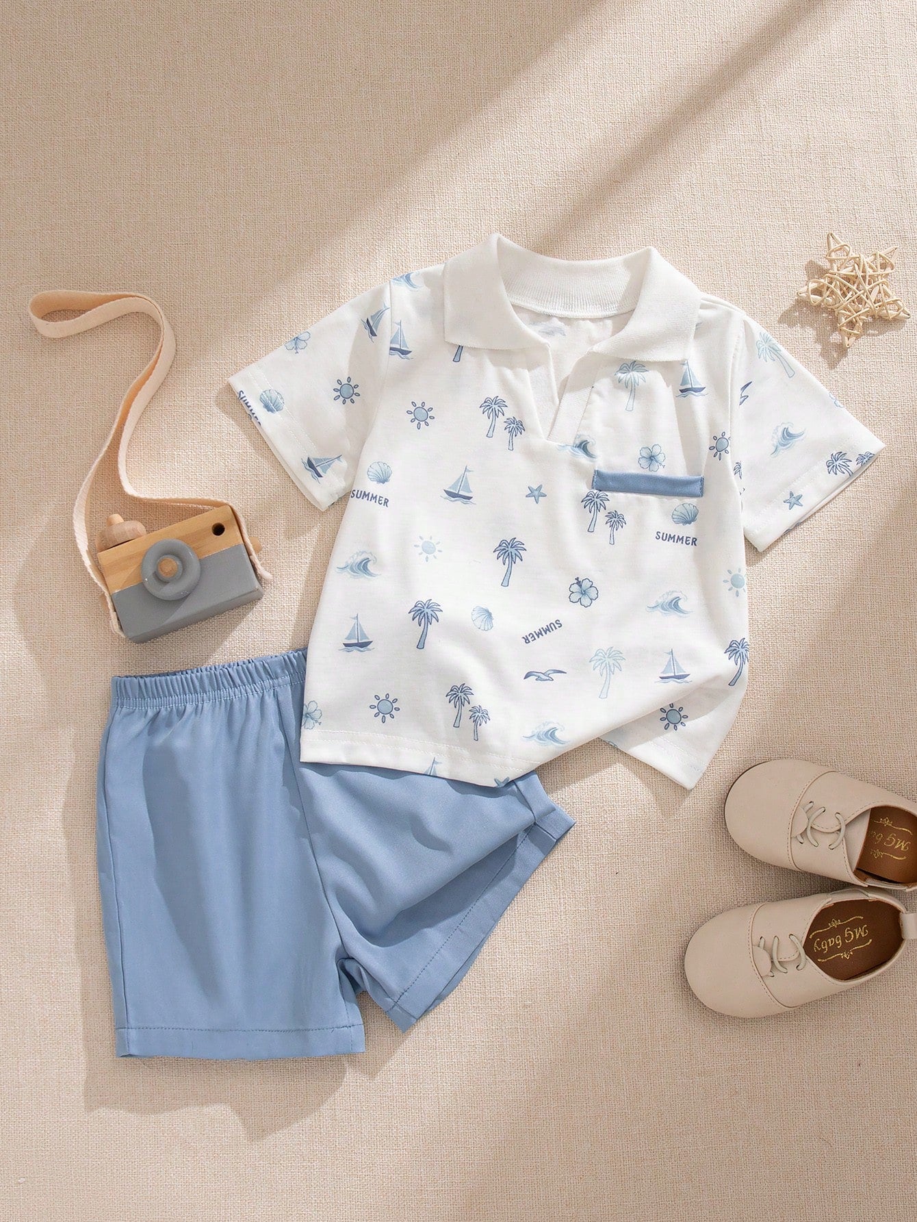 2pcs Boys Nautical Print Polo Shirt & Shorts Set - Ivory | 21 Centu...