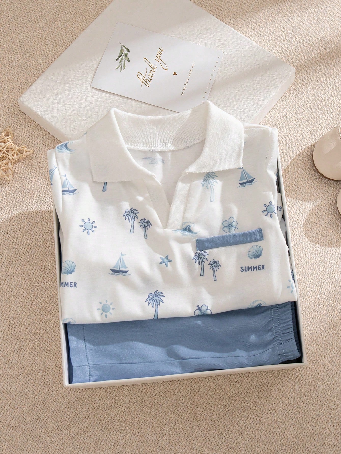 2pcs Boys Nautical Print Polo Shirt & Shorts Set - Ivory | 21 Centu...