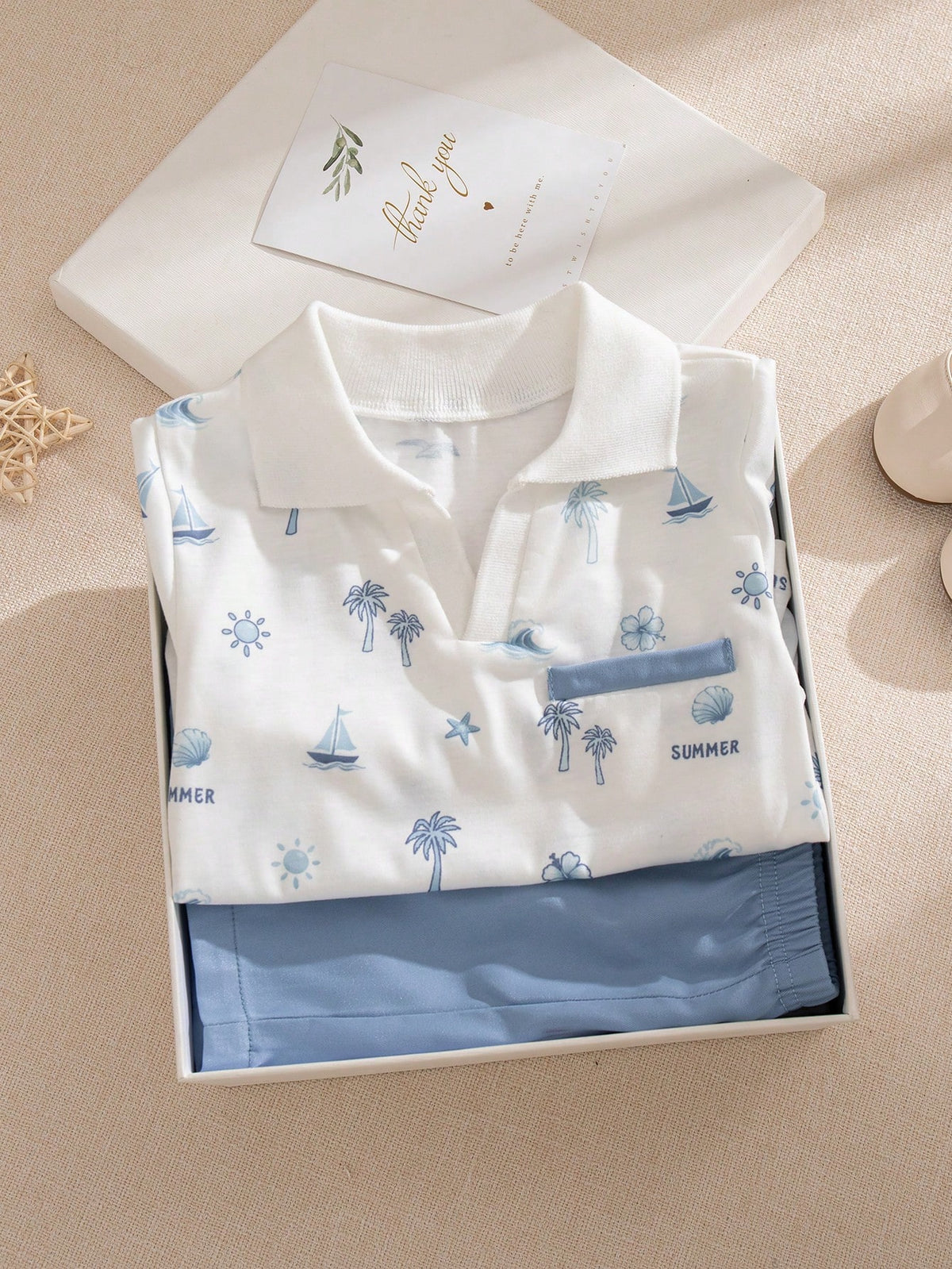2pcs Boys Nautical Print Polo Shirt & Shorts Set - Ivory | 21 Centu...