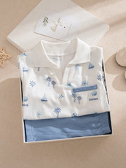 2pcs Boys Nautical Print Polo Shirt & Shorts Set - Ivory | 21 Centu...