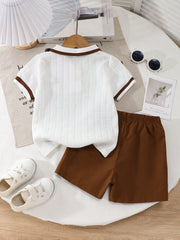 2pcs Little Boys Textured Polo & Chino Shorts Set - Ivory