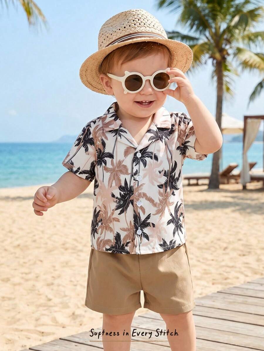 Boys Palm Print Resort Collar Shirt & Shorts - Isabelline