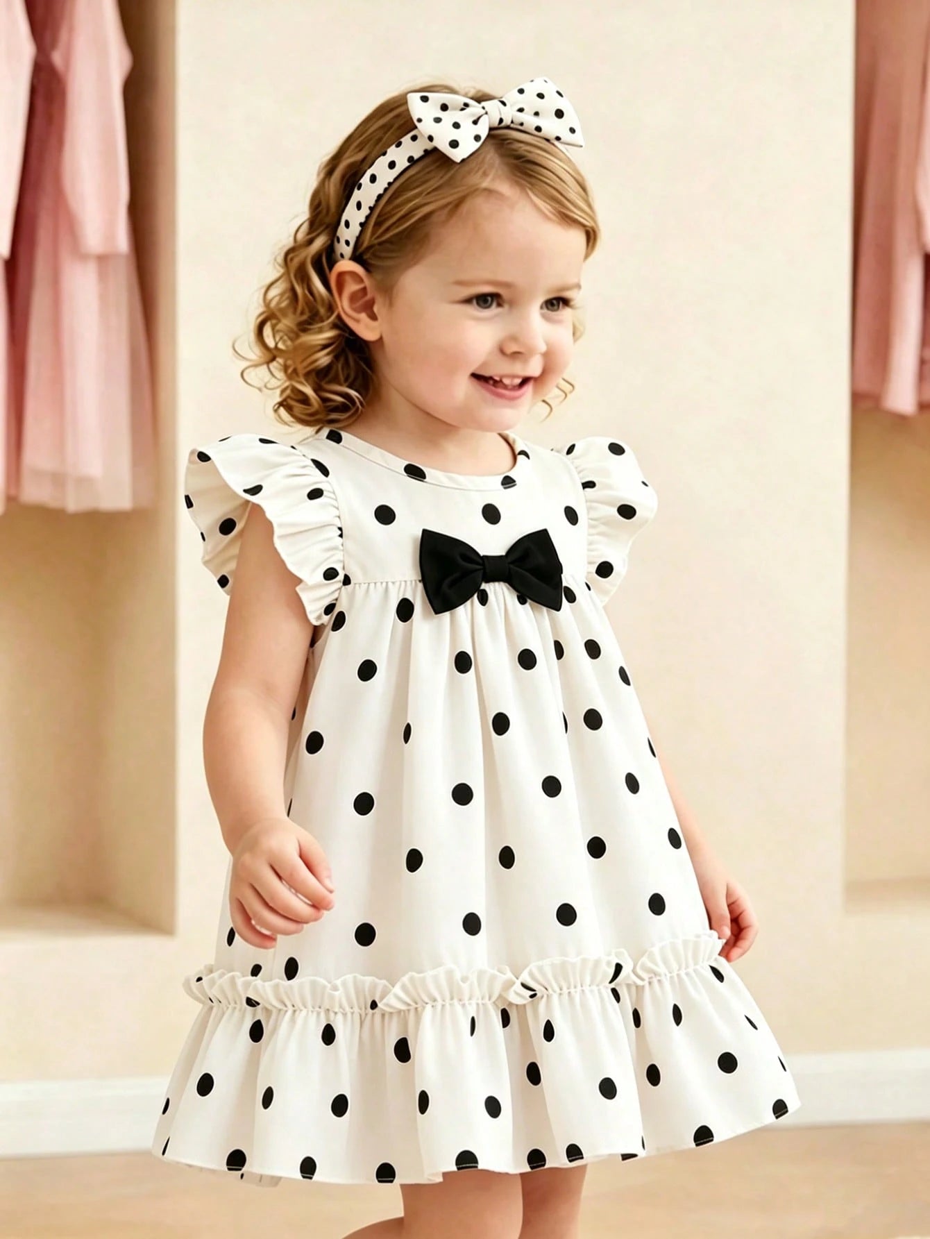 Girls Polka Dot Bow A-Line Ruffle Dress - Isabelline