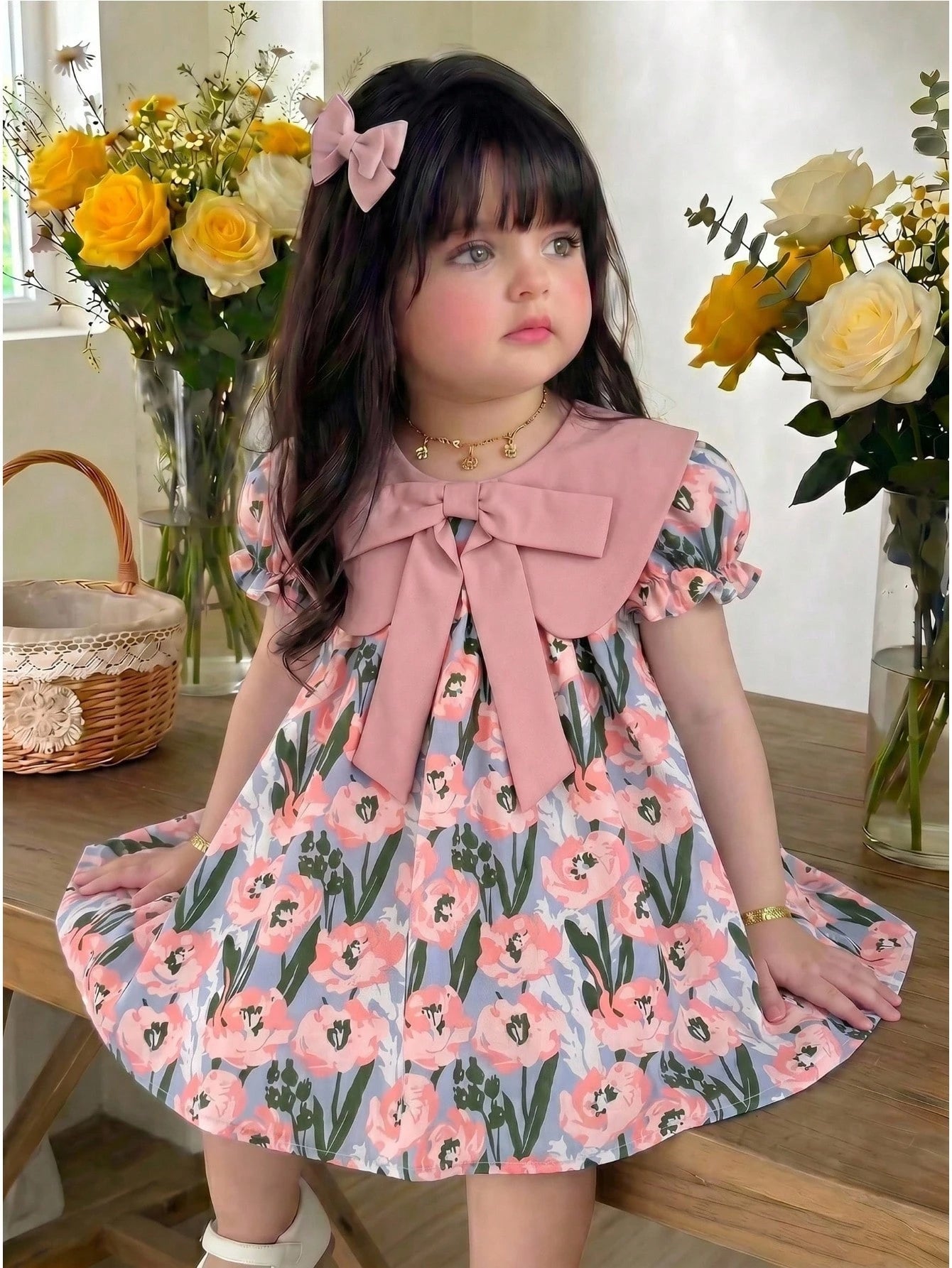 Girls Tulip Print Bow Collar Puff Sleeve Dress - Periwinkle | 21 Ce...