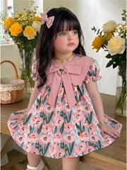 Girls Tulip Print Bow Collar Puff Sleeve Dress - Periwinkle | 21 Ce...