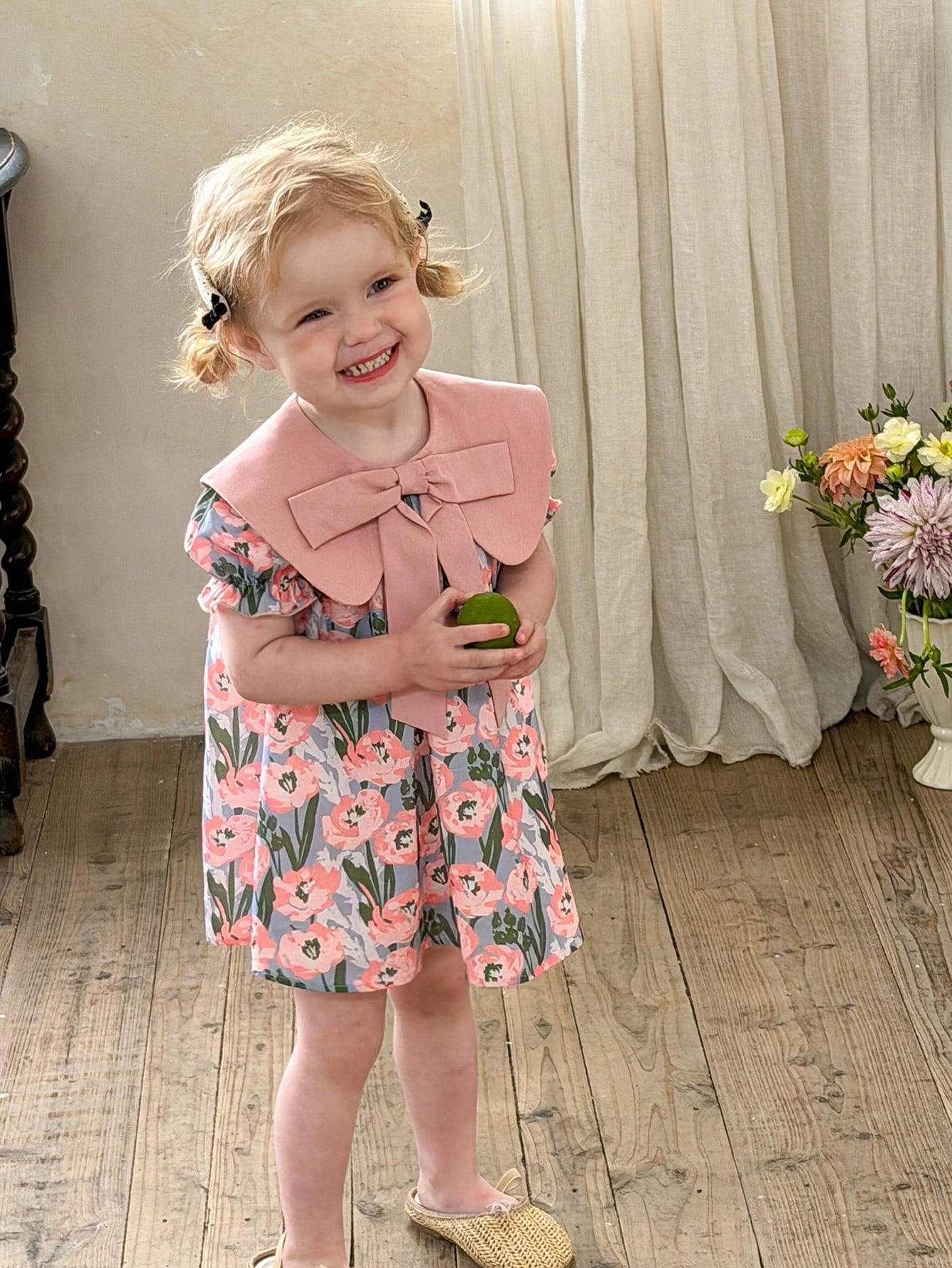 Girls Tulip Print Bow Collar Puff Sleeve Dress - Periwinkle | 21 Ce...