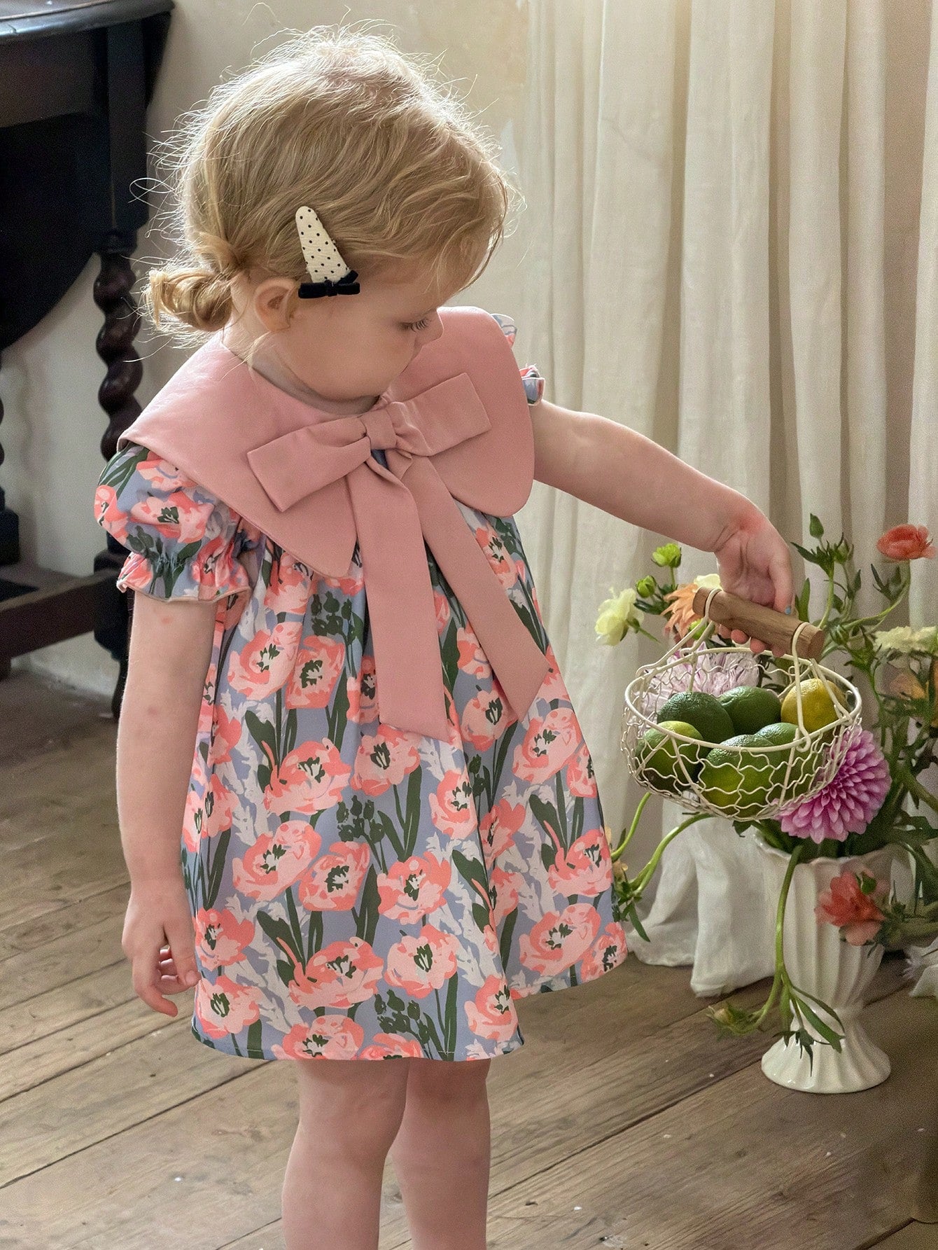 Girls Tulip Print Bow Collar Puff Sleeve Dress - Periwinkle | 21 Ce...