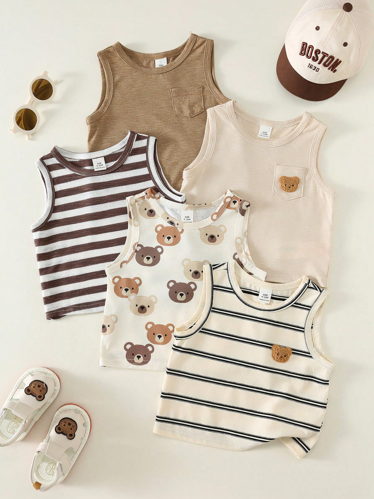 5pcs Boys Bear Print & Stripe Knit Tank Top Set - Isabelline