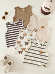 5pcs Boys Bear Print & Stripe Knit Tank Top Set - Isabelline