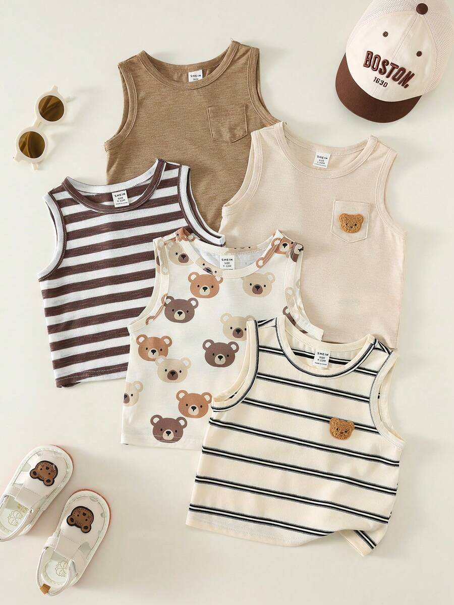 5pcs Boys Bear Print & Stripe Knit Tank Top Set - Isabelline