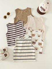 5pcs Boys Bear Print & Stripe Knit Tank Top Set - Isabelline