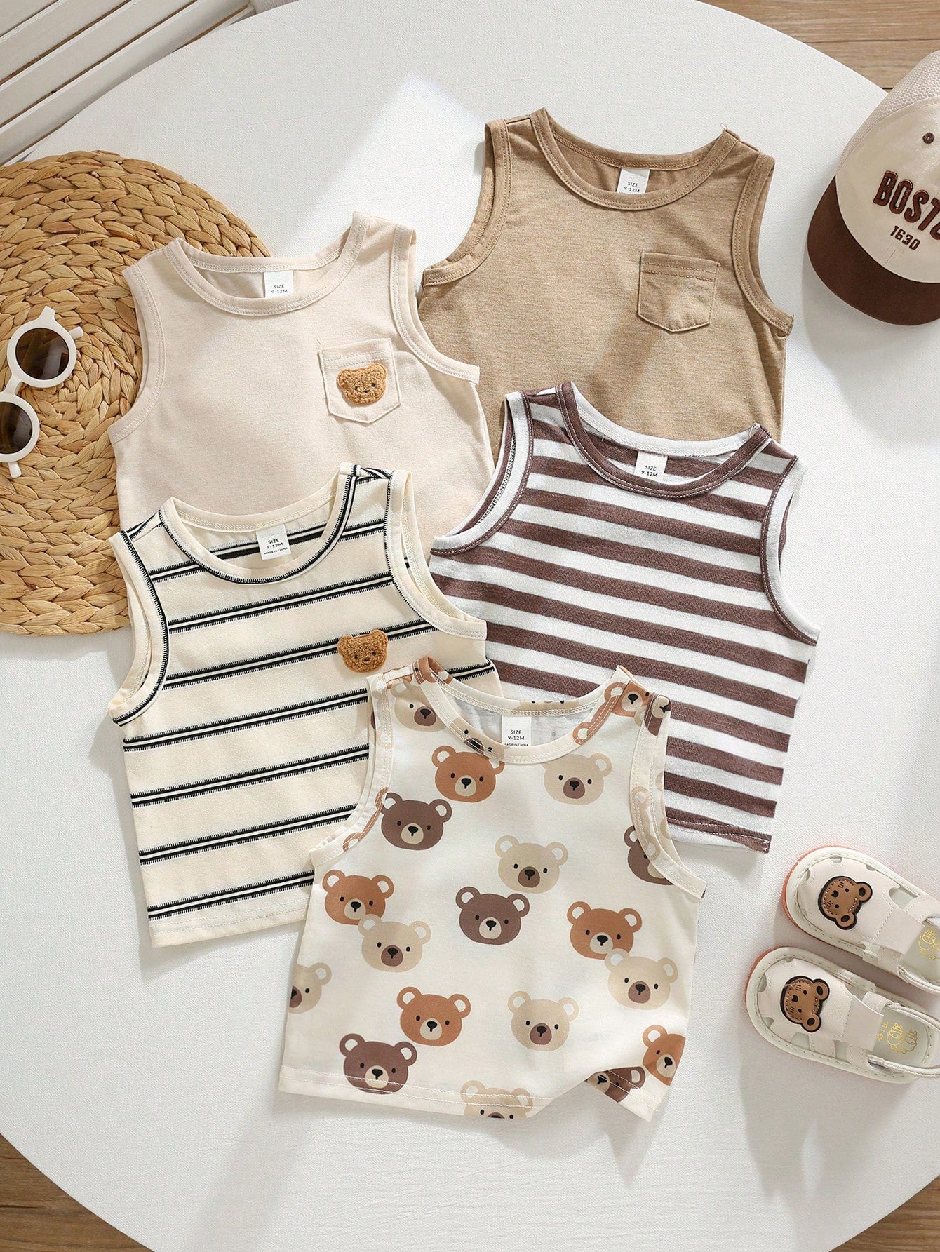 5pcs Boys Bear Print & Stripe Knit Tank Top Set - Isabelline