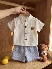 Boys Bear Patch Button-Front Shirt & Striped Shorts Set - Ivory