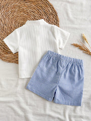 Boys Bear Patch Button-Front Shirt & Striped Shorts Set - Ivory