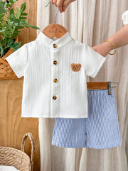 Boys Bear Patch Button-Front Shirt & Striped Shorts Set - Ivory