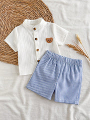 Boys Bear Patch Button-Front Shirt & Striped Shorts Set - Ivory