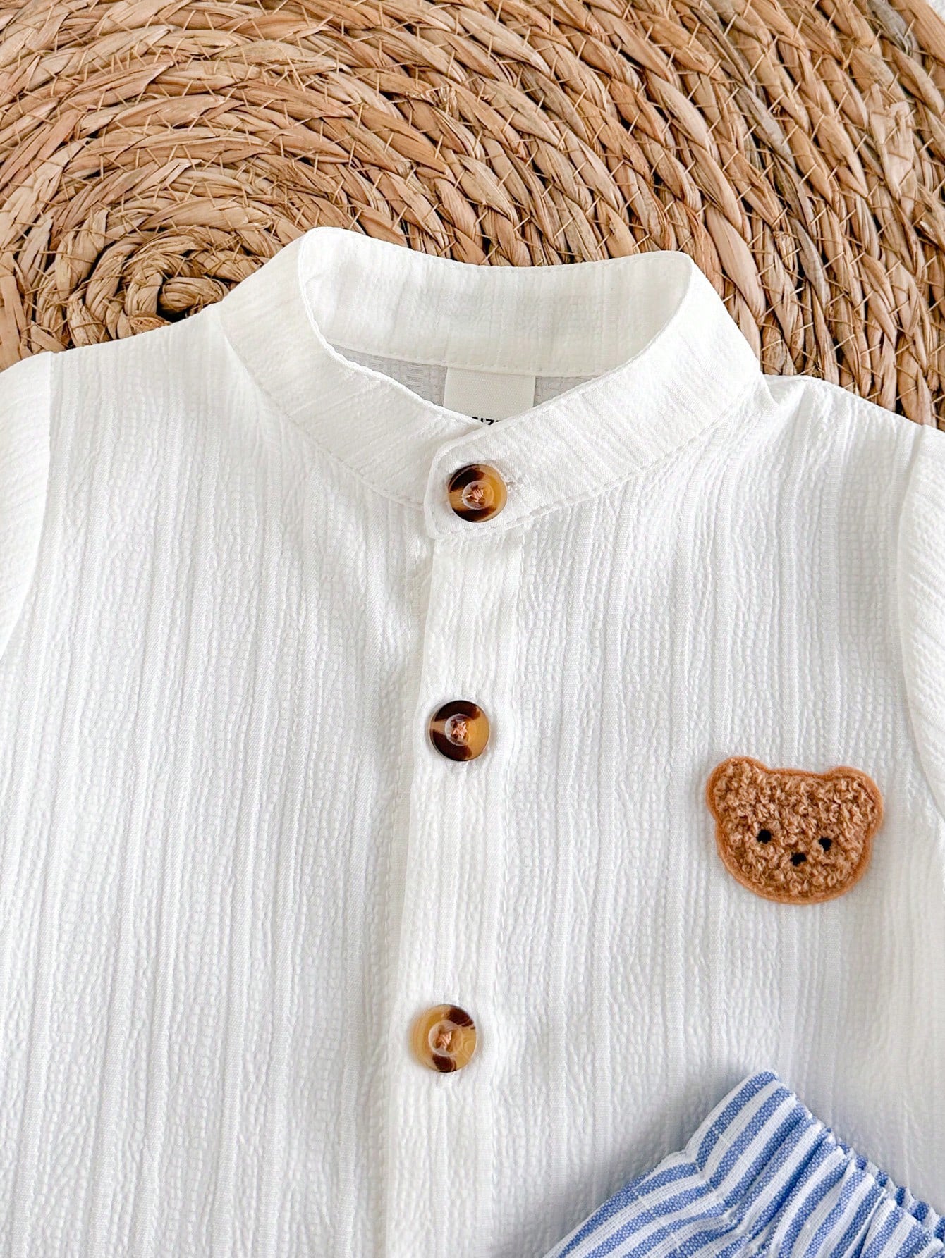 Boys Bear Patch Button-Front Shirt & Striped Shorts Set - Ivory