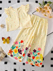 2pcs Little Girls Striped Floral Ruffle Sleeve Top & Wide-Leg Pants...