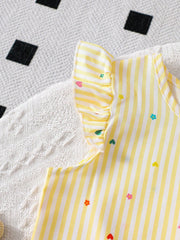 2pcs Little Girls Striped Floral Ruffle Sleeve Top & Wide-Leg Pants...