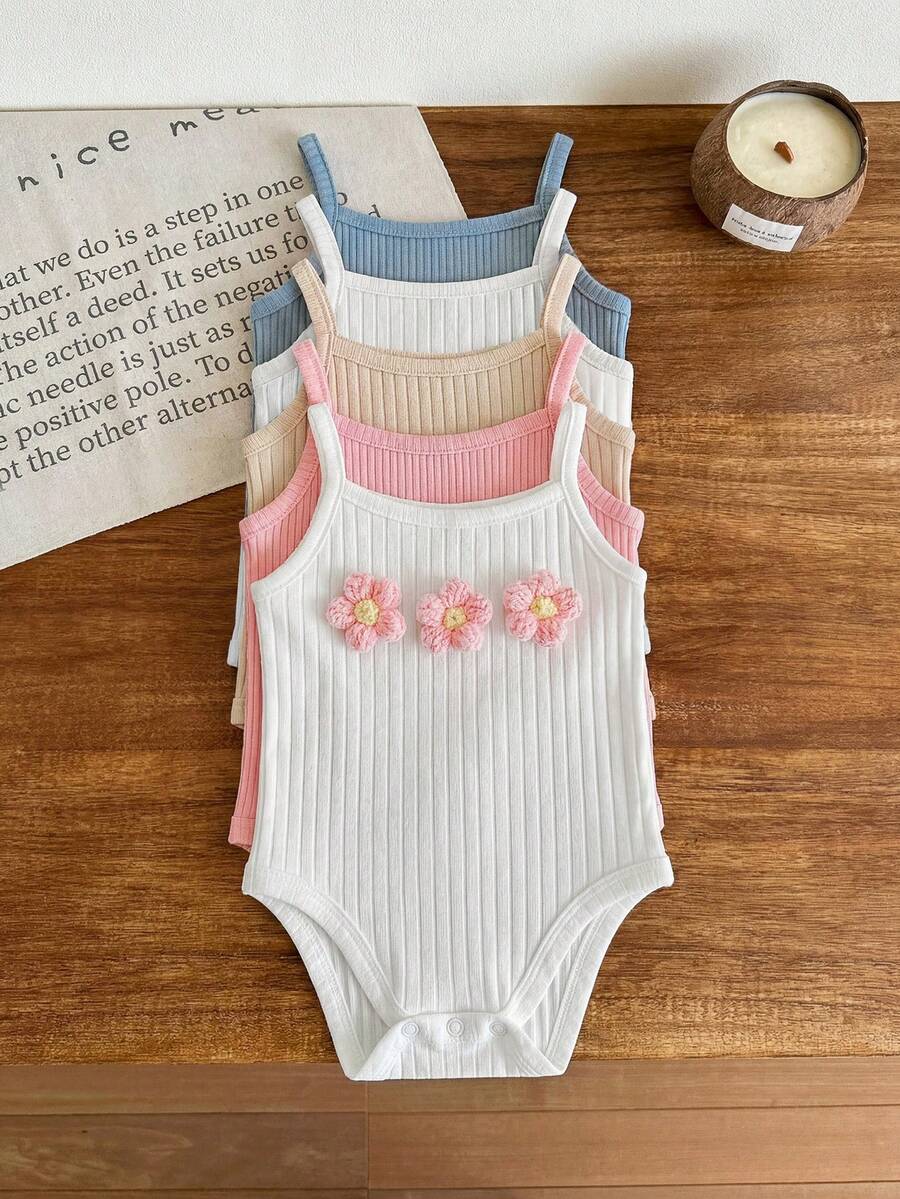 Baby Girls Floral Appliqué Ribbed Knit Romper - Ivory