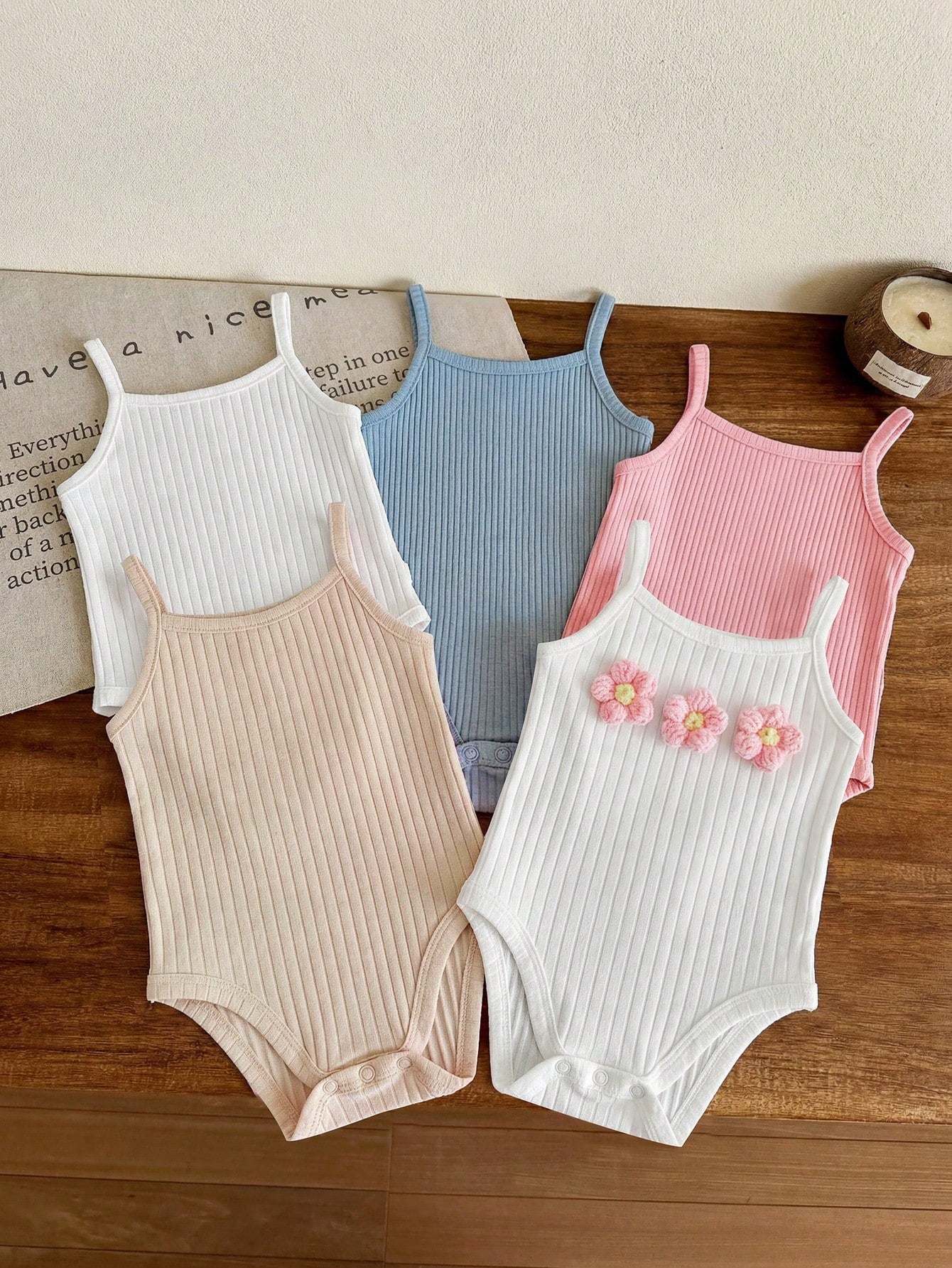 Baby Girls Floral Appliqué Ribbed Knit Romper - Ivory