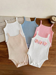 Baby Girls Floral Appliqué Ribbed Knit Romper - Ivory