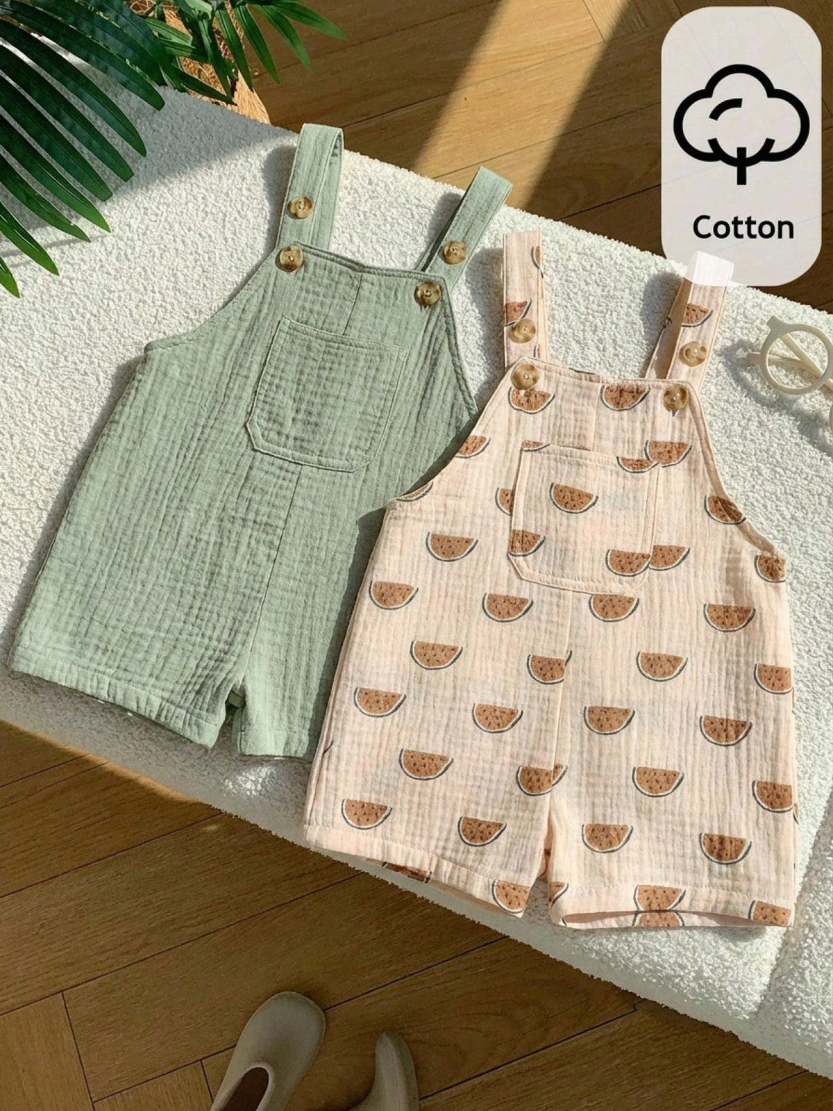 Boys Watermelon Print Cotton Shortall Set - Sage