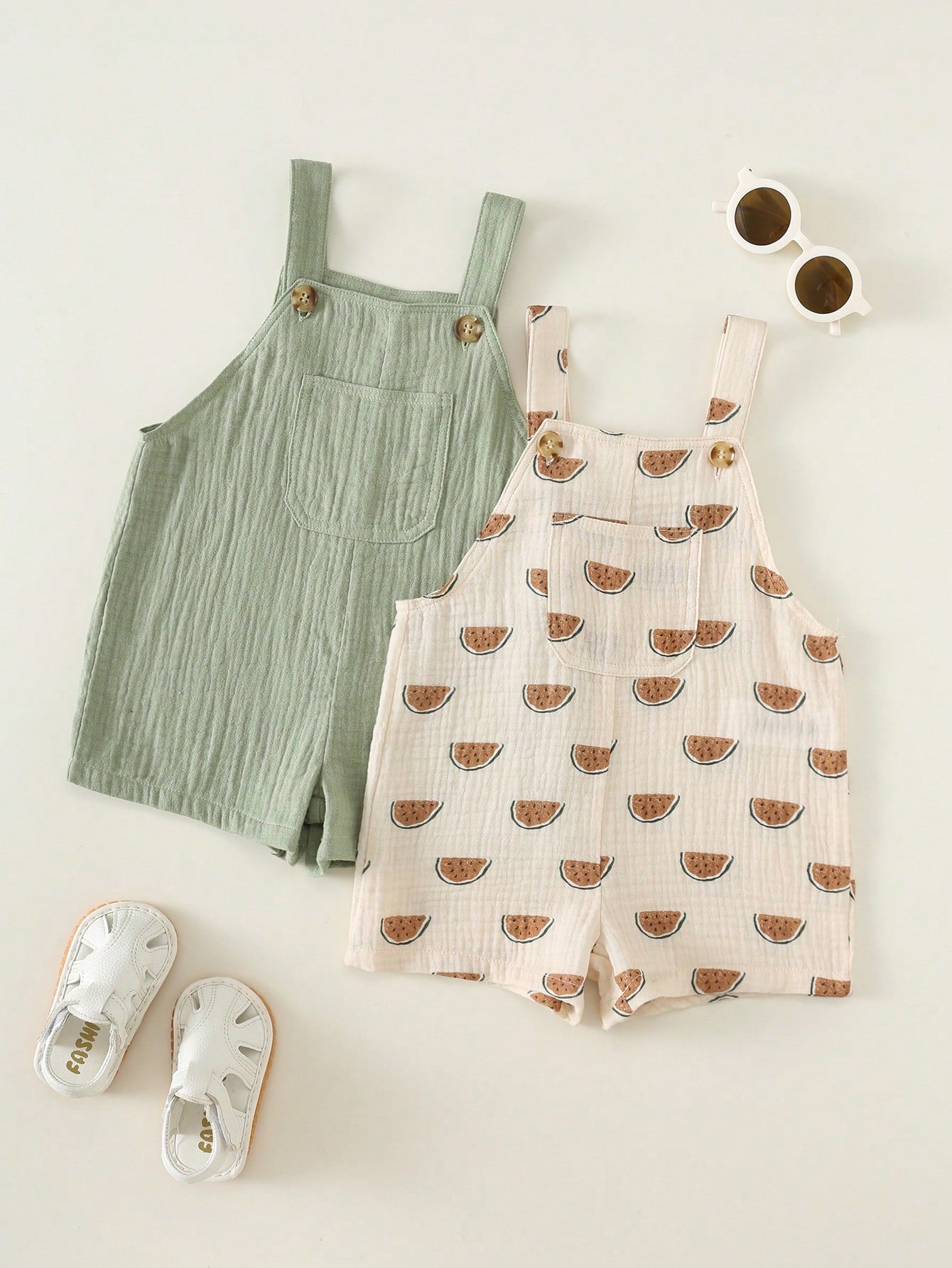 Boys Watermelon Print Cotton Shortall Set - Sage