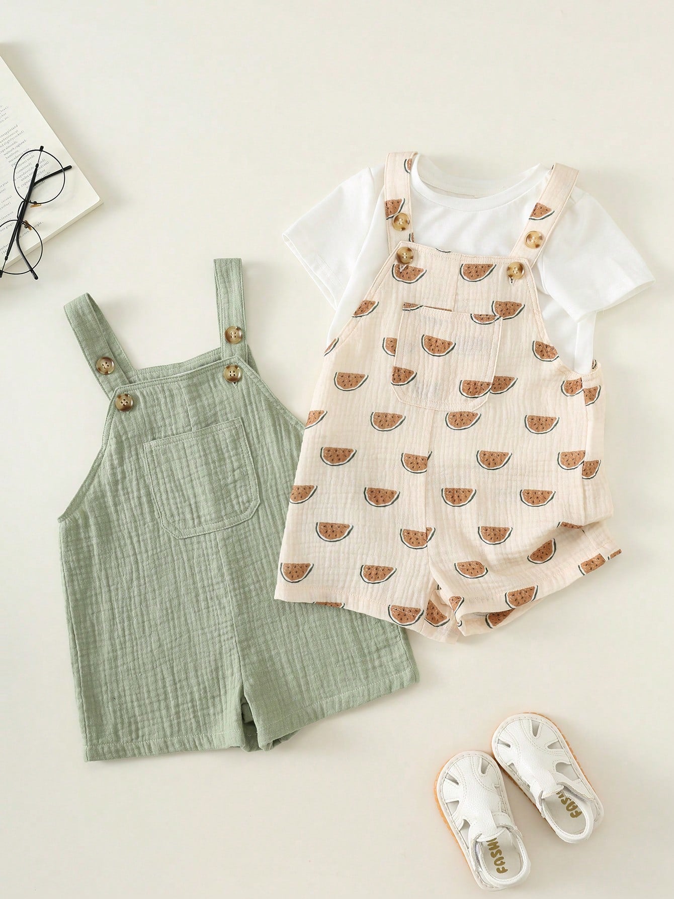 Boys Watermelon Print Cotton Shortall Set - Sage