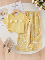 2pcs Girls 3D Floral Ribbed Tee & Daisy Gingham Pants - Buttercup