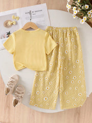 2pcs Girls 3D Floral Ribbed Tee & Daisy Gingham Pants - Buttercup