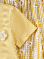 2pcs Girls 3D Floral Ribbed Tee & Daisy Gingham Pants - Buttercup
