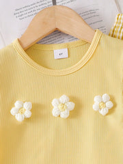 2pcs Girls 3D Floral Ribbed Tee & Daisy Gingham Pants - Buttercup