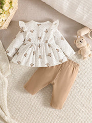 2pcs Baby Girls Bear Print Ruffle Top & Leggings Set - Ivory | 21 C...