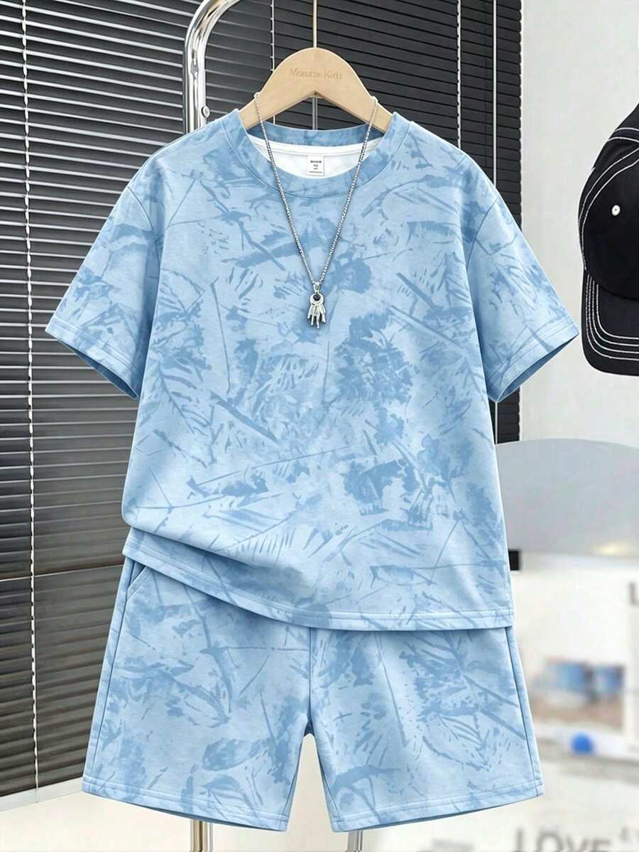 2pcs Big Boys Tie-Dye Oversized Tee & Shorts Set - Cerulean | 21 Ce...